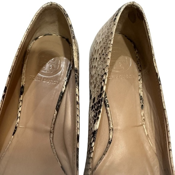 Tory Burch Brown Cream Leather Roccio Python Reva Ballet Flats Goldtone Logo - Picture 5 of 12